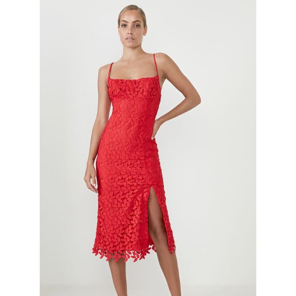 BARDOT Ariel Leaf Lace Midi Dress US 10 Large Lipstick Red Revolve NWT